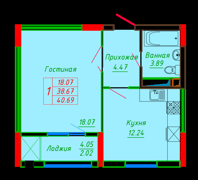 Планировка 1-комнатные квартиры, 40.69 m2 в ЖК Diana, в г. Нур-Султана (Астаны)