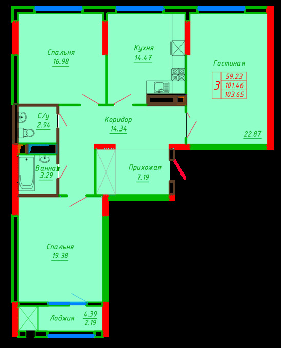 Планировка 3-комнатные квартиры, 103.65 m2 в ЖК Diana, в г. Нур-Султана (Астаны)
