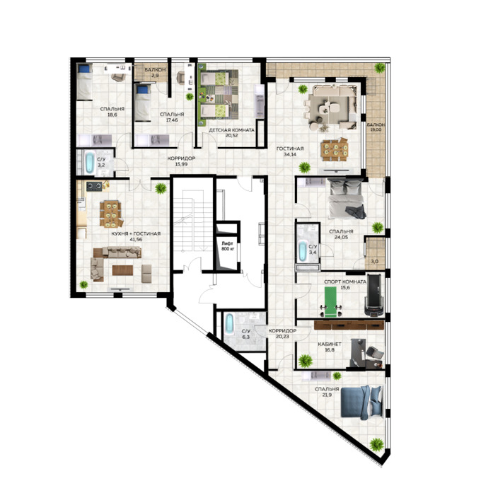 Планировка 7-комнатные квартиры, 284.65 m2 в Клубный дом Soho 14, в г. Актау
