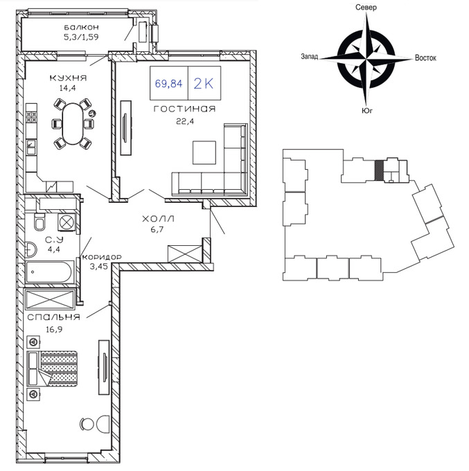 Планировка 2-комнатные квартиры, 69.84 m2 в ЖК Barakat, в г. Нур-Султана (Астаны)