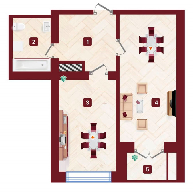 Планировка 1-комнатные квартиры, 48.74 m2 в ЖК Avalon, в г. Шымкента