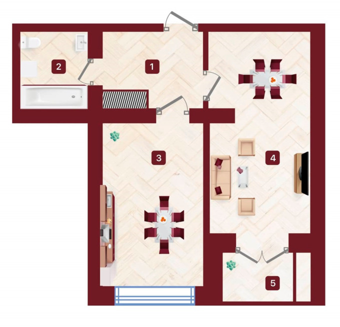 Планировка 1-комнатные квартиры, 43.01 m2 в ЖК Avalon, в г. Шымкента