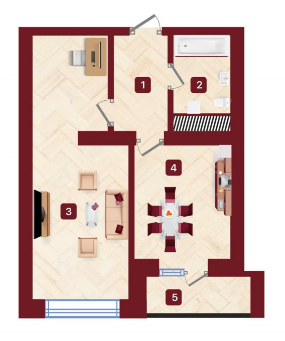 Планировка 1-комнатные квартиры, 43.01 m2 в ЖК Avalon, в г. Шымкента