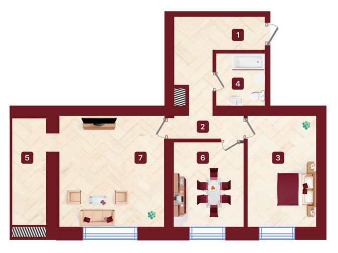 Планировка 2-комнатные квартиры, 65.67 m2 в ЖК Avalon, в г. Шымкента