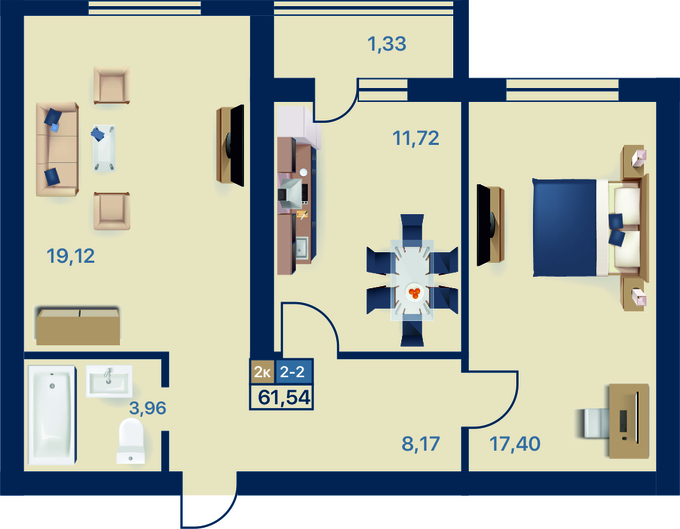 Планировка 2-комнатные квартиры, 61.54 m2 в ЖК Syrdariya, в г. Туркестана