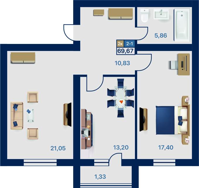 Планировка 2-комнатные квартиры, 69.67 m2 в ЖК Syrdariya, в г. Туркестана
