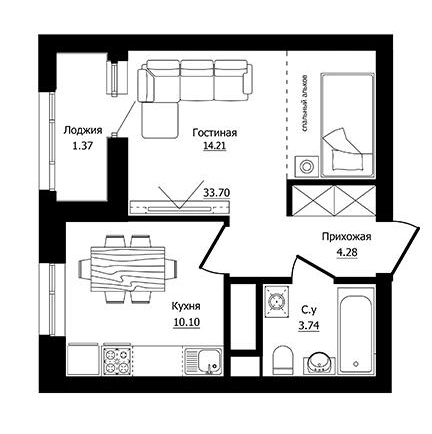 Планировка 1-комнатные квартиры, 33.7 m2 в ЖК Inju Arena 2, в г. Нур-Султана (Астаны)