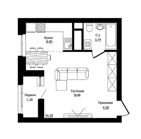 Планировка 1-комнатные квартиры, 34.2 m2 в ЖК Inju Arena 2, в г. Нур-Султана (Астаны)
