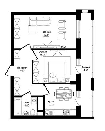 Планировка 2-комнатные квартиры, 60.2 m2 в ЖК Inju Arena 2, в г. Нур-Султана (Астаны)