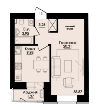 Планировка 1-комнатные квартиры, 38.87 m2 в ЖК Inju City, в г. Нур-Султана (Астаны)