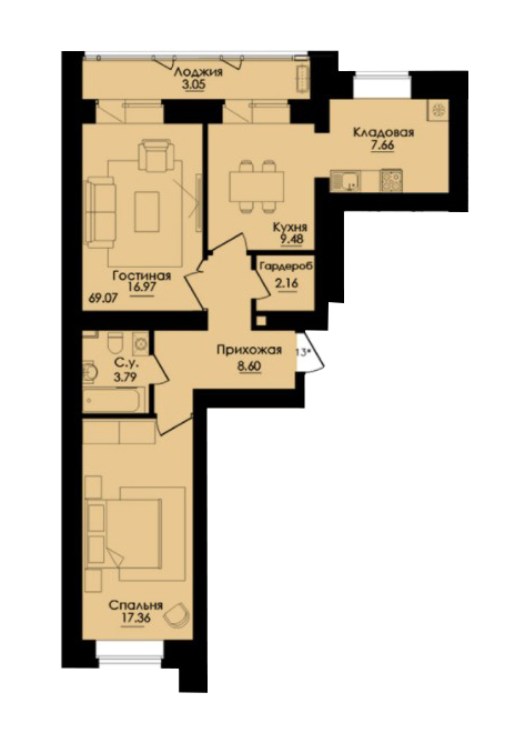 Планировка 3-комнатные квартиры, 69.07 m2 в ЖК Inju City, в г. Нур-Султана (Астаны)