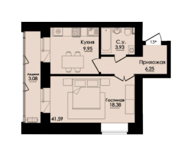 Планировка 1-комнатные квартиры, 41.59 m2 в ЖК Inju City, в г. Нур-Султана (Астаны)