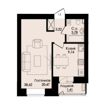Планировка 1-комнатные квартиры, 38.62 m2 в ЖК Inju City, в г. Нур-Султана (Астаны)