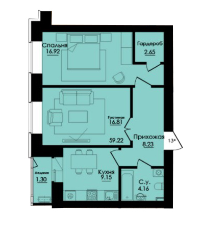 Планировка 2-комнатные квартиры, 61.21 m2 в ЖК Inju City, в г. Нур-Султана (Астаны)