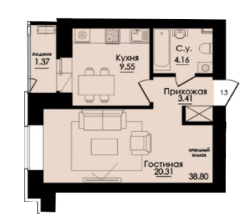 Планировка 1-комнатные квартиры, 38.8 m2 в ЖК Inju City, в г. Нур-Султана (Астаны)