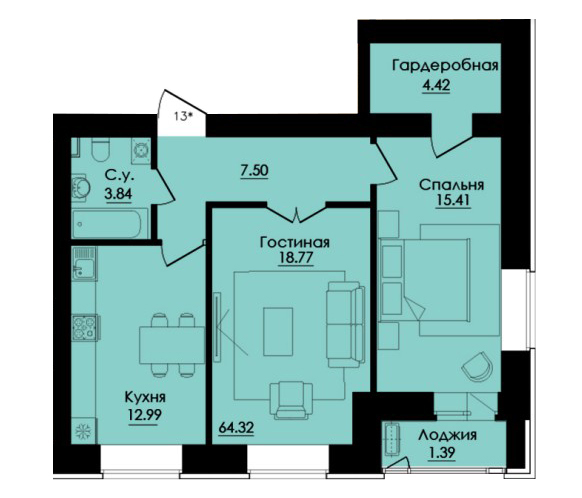 Планировка 2-комнатные квартиры, 64.32 m2 в ЖК Inju City, в г. Нур-Султана (Астаны)