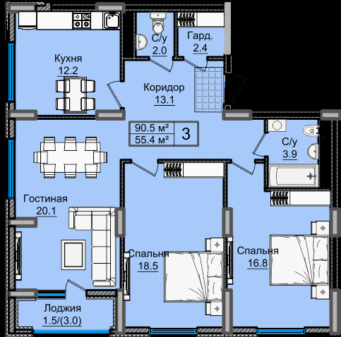 Планировка 3-комнатные квартиры, 90.5 m2 в ЖК Viva, в г. Шымкента