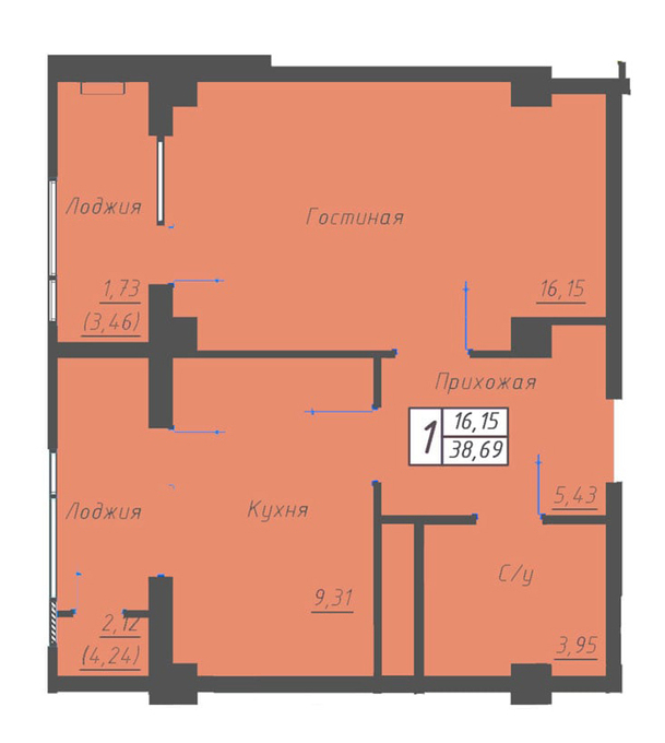 Планировка 1-комнатные квартиры, 38.69 m2 в ЖК Оазис, в г. Нур-Султана (Астаны)