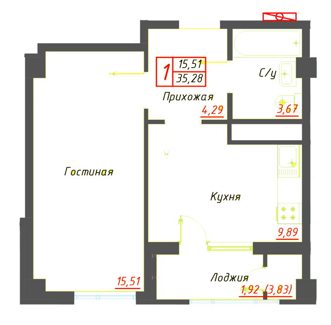 Планировка 1-комнатные квартиры, 35.28 m2 в ЖК Оазис, в г. Нур-Султана (Астаны)