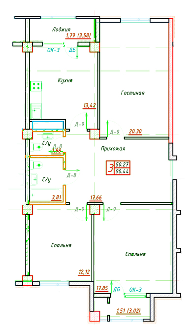 Планировка 3-комнатные квартиры, 90.44 m2 в ЖК Оазис, в г. Нур-Султана (Астаны)