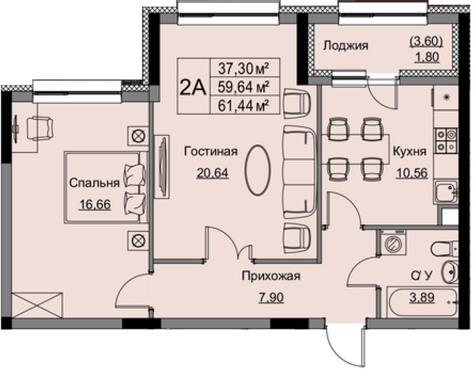 Планировка 2-комнатные квартиры, 61.44 m2 в ЖК Inju Ansar, в г. Нур-Султана (Астаны)