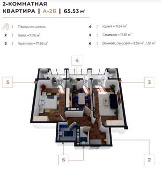 Планировка 2-комнатные квартиры, 65.53 m2 в ЖК Otau City, в г. Шымкента