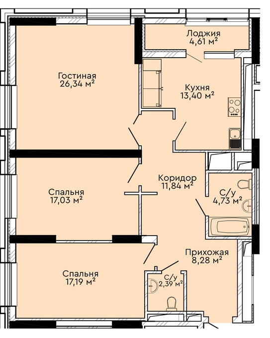 Планировка 3-комнатные квартиры, 102.88 m2 в ЖК ArmanTau Comfort 2, в г. Нур-Султана (Астаны)