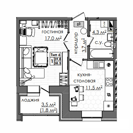 Планировка 1-комнатные квартиры, 39.8 m2 в ЖК Атамекен, в г. Караганды