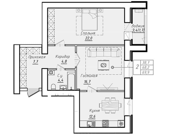 Планировка 2-комнатные квартиры, 69.9 m2 в ЖК Люксембург, в г. Нур-Султана (Астаны)