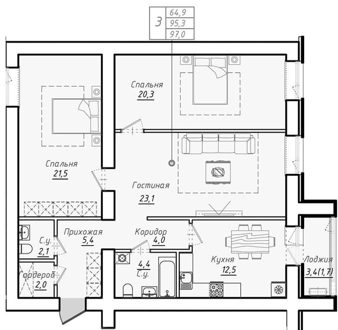 Планировка 3-комнатные квартиры, 97 m2 в ЖК Люксембург, в г. Нур-Султана (Астаны)
