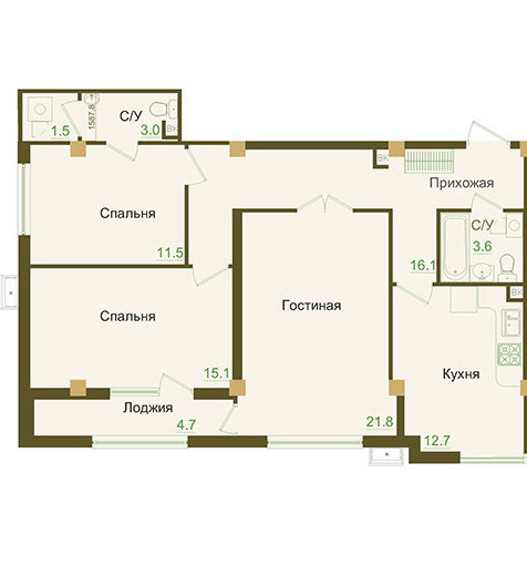 Планировка 3-комнатные квартиры, 90 m2 в ЖК Alatau Golf Residences, в г. Алматы