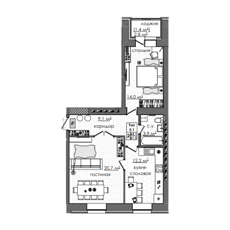 Планировка 2-комнатные квартиры, 63.1 m2 в ЖК Атамекен, в г. Караганды
