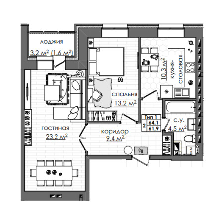 Планировка 2-комнатные квартиры, 64.1 m2 в ЖК Атамекен, в г. Караганды