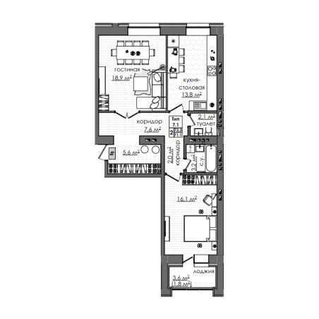 Планировка 2-комнатные квартиры, 73.3 m2 в ЖК Атамекен, в г. Караганды