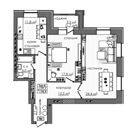 Планировка 2-комнатные квартиры, 77.1 m2 в ЖК Атамекен, в г. Караганды