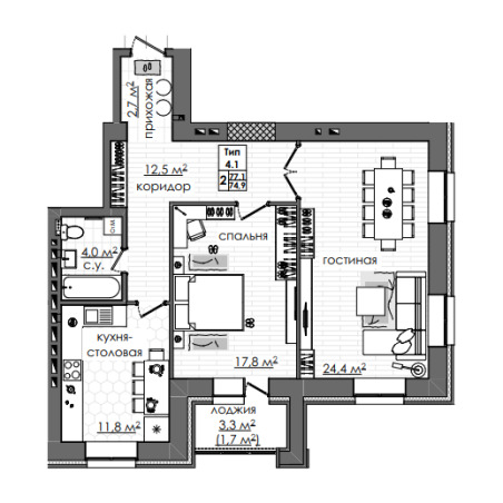 Планировка 2-комнатные квартиры, 77.1 m2 в ЖК Атамекен, в г. Караганды