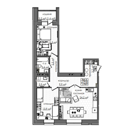 Планировка 3-комнатные квартиры, 77.5 m2 в ЖК Атамекен, в г. Караганды