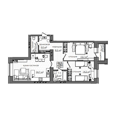 Планировка 3-комнатные квартиры, 78.5 m2 в ЖК Атамекен, в г. Караганды