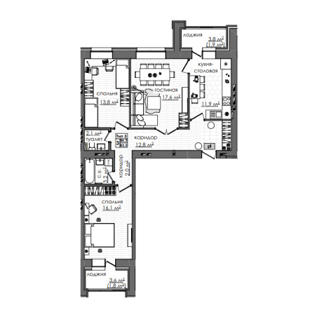 Планировка 3-комнатные квартиры, 86.2 m2 в ЖК Атамекен, в г. Караганды