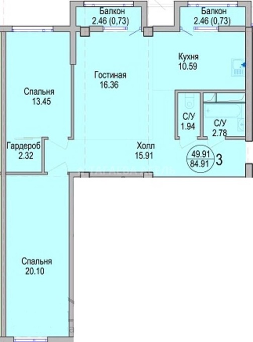 Планировка 3-комнатные квартиры, 84.91 m2 в МЖК Алтын Отау, в г. Нур-Султана (Астаны)
