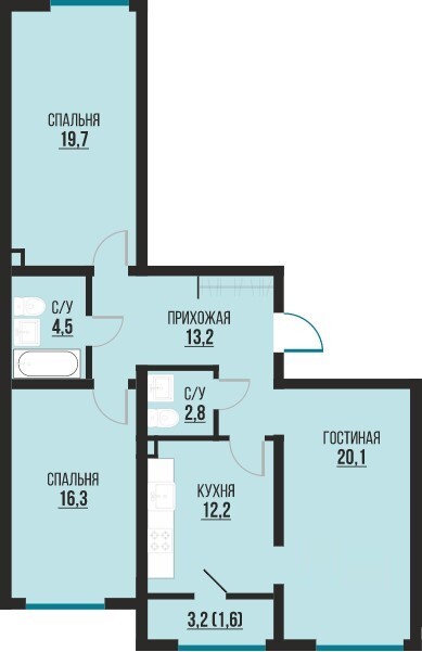 Планировка 3-комнатные квартиры, 89.63 m2 в ЖК Shahar City, в г. Алматы