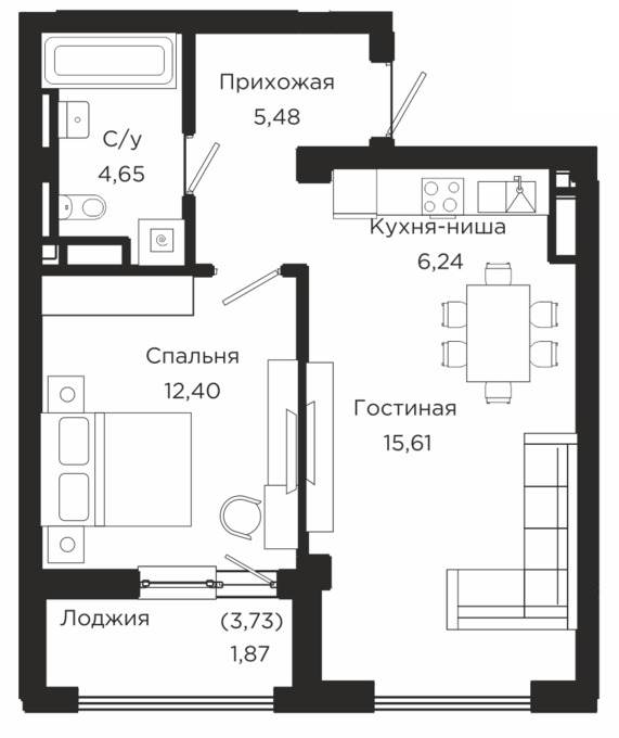 Планировка 1-комнатные квартиры, 46.25 m2 в ЖК Кок жайлау, в г. Нур-Султана (Астаны)