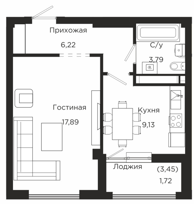 Планировка 1-комнатные квартиры, 38.76 m2 в ЖК Кок жайлау, в г. Нур-Султана (Астаны)
