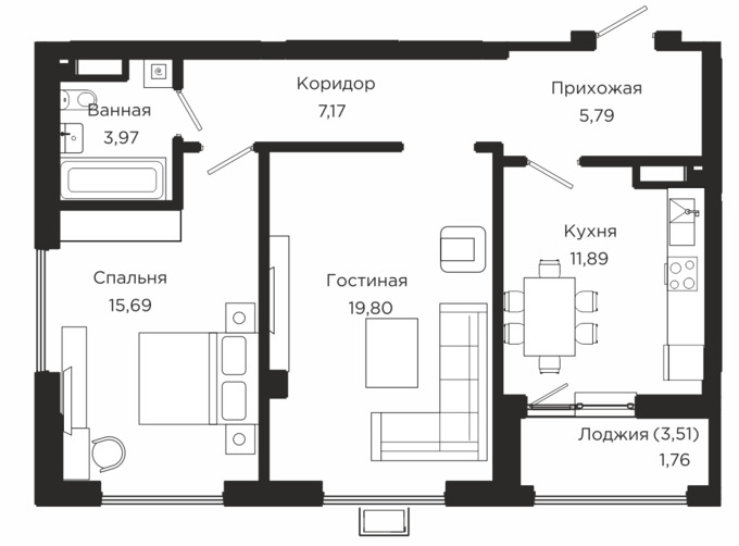Планировка 2-комнатные квартиры, 66.07 m2 в ЖК Кок жайлау, в г. Нур-Султана (Астаны)
