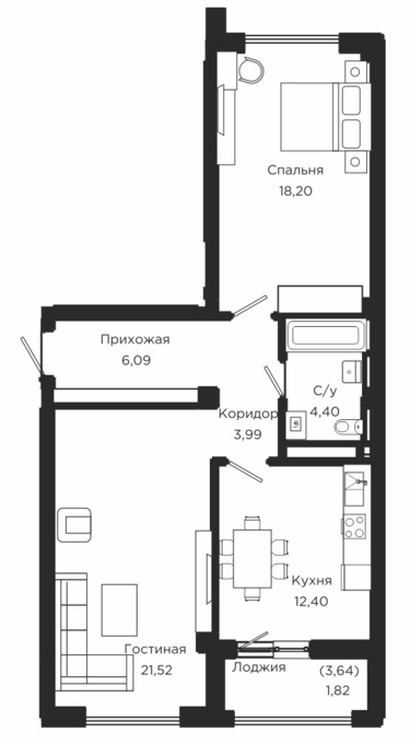 Планировка 2-комнатные квартиры, 68.42 m2 в ЖК Кок жайлау, в г. Нур-Султана (Астаны)