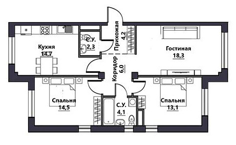 Планировка 3-комнатные квартиры, 77.2 m2 в ЖК Arlan, в г. Алматы