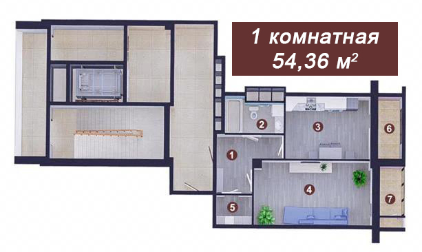 Планировка 1-комнатные квартиры, 54.36 m2 в ЖК Айсар, в г. Актау