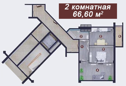 Планировка 2-комнатные квартиры, 66.6 m2 в ЖК Айсар, в г. Актау