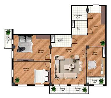 Планировка 4-комнатные квартиры, 147.2 m2 в ЖК Shevchenko, в г. Актау