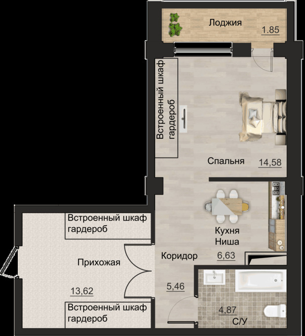 Планировка 2-комнатные квартиры, 47.1 m2 в Клубный дом Lancashire, в г. Алматы